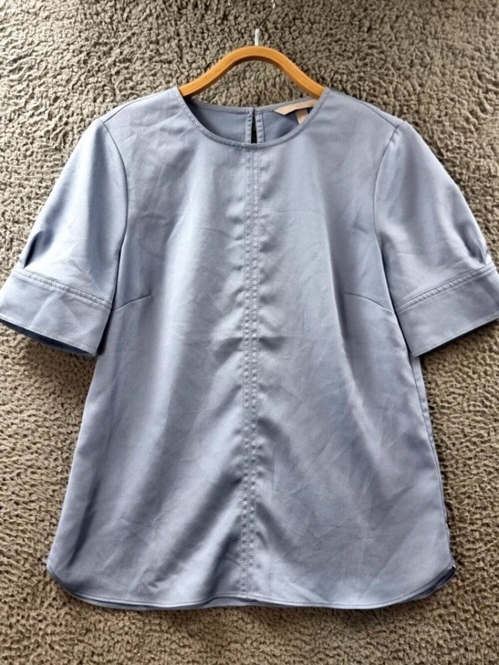 H&M Womens Blouse Top Size 8 Blue Satin Short SLeeve Round Neck